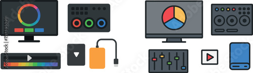 A user-friendly multimedia control interface showcases color selection options alongside playback controls and a compact external drive, ideal for creative projects.