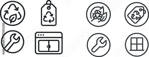 Four distinct symbols illustrate concepts of recycling and sustainability. They include a recycling logo, a tag, a wrench, and a storage cabinet, emphasizing eco-friendly practices.