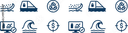 Six distinct icons depict concepts related to water activities, technology, and recycling. The design emphasizes simplicity and clarity in each illustration while maintaining a cohesive theme.
