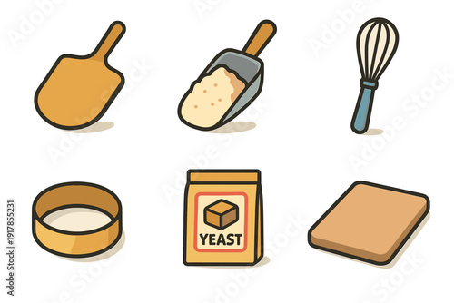 Different baking tools are gathered together on a white background for preparation and organization in a kitchen space for making bread or pastries