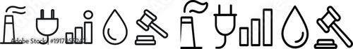 A collection of minimalist icons represents energy sources, water usage, growth indicators, and legal regulations. These symbols showcase critical aspects of resource management.