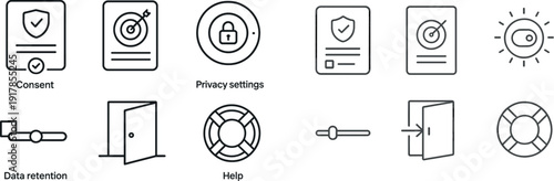 Icons illustrate key concepts in data protection, including consent, privacy settings, data retention, and help features, displayed in a clean and organized manner.