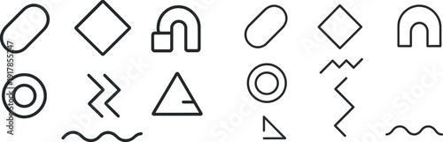A collection of various geometric shapes such as circles, triangles, and squares in a simple, black line design. These shapes can be utilized for art or educational activities.