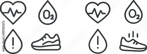 Various health and fitness icons are displayed, including a heart rate monitor, an oxygen symbol, a water droplet, and a sneaker, emphasizing wellness and active living.