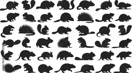 Rodent silhouette collection on white background, squirrel beaver porcupine and marmot isolated, small mammal nature design elements for wildlife projects,