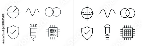 Multiple graphic elements depict different concepts such as data analysis, security, and technology. Features shapes like circles, waves, and a microchip, illustrating intricate connections.
