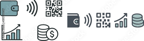 A digital wallet icon is featured alongside a QR code, sound waves, a growth chart, and stacks of coins, representing contemporary financial technology and trends.