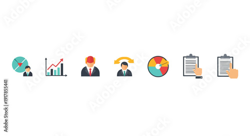 A row of business icons representing data analysis and office work from a straightforward viewpoint