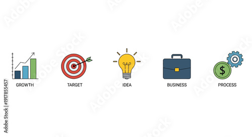Business strategy icons representing growth, target, idea, finance, and process in a modern flat design