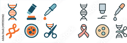 Colorful illustrations display essential tools in molecular biology, including DNA strands, a pipette, and a petri dish, representing laboratory research and experimentation.
