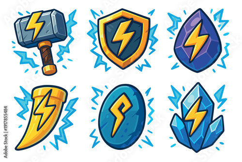 Bright symbols of power and energy featuring a hammer, shield, and gemstones with lightning designs in a colorful illustration