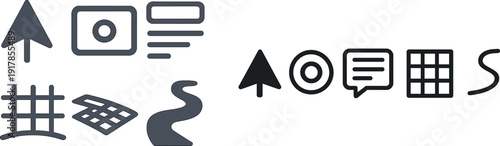 Stylized icons display different graphics and elements used in design applications including directional arrows, grid patterns, and shapes. These visuals represent common user interface components.