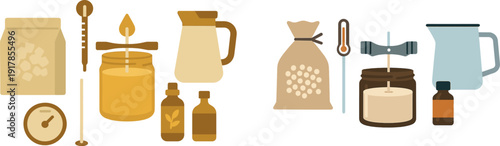 Various tools and ingredients are laid out for making candles. Items include a jar, essential oils, a thermometer, and wax. This setup encourages creativity and relaxation.