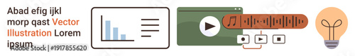 Business analytics, online learning, content creation, creative ideas, digital marketing, media playback. A graph, video player music timeline and light bulb. Business analytics and online learning