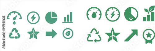 Various icons illustrate concepts of sustainability, energy efficiency, and recycling. These symbols are designed to promote awareness of environmental issues and solutions.
