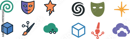 Colorful icons showcase a variety of artistic themes, including creativity, performance, and design elements. These illustrations feature a swirl, mask, star, cube, paintbrush, and cloud.