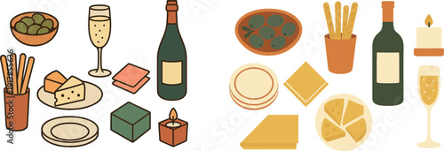 A delightful arrangement featuring assorted cheese, olives, and a sparkling drink. Accompanying snacks include breadsticks and decorative candles, setting the mood for a festive gathering.