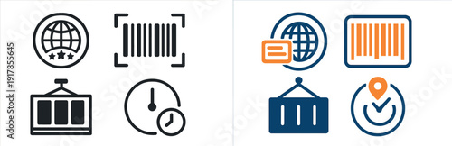 Vector graphics display symbols of global shipping, barcoding for tracking, containers for transport, and a clock representing timely delivery. Designed for logistics and supply chain concepts.