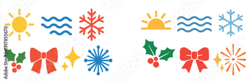 Colorful icons represent different seasons and celebrations. Sun signifies summer warmth, waves depict water, while snowflakes indicate winter's chill.