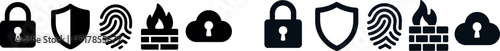 Various icons illustrate security measures, including a padlock, shield, fingerprint, fire symbol, and cloud lock. This collection emphasizes the importance of digital safety.