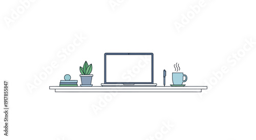Modern workspace with laptop, plant, and coffee cup on a minimalist desk viewed from the front
