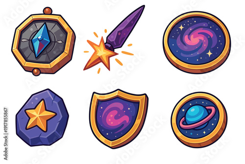 Design of fantasy game icons including shields, stars, and magical items for a fun adventure theme without realistic elements