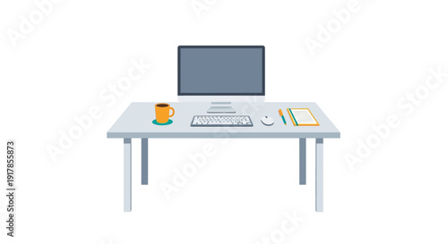 A modern office desk setup with a computer, keyboard, mouse, cup, and notebooks on a grey table viewed from the front.