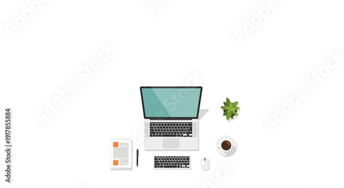 A laptop, notebook, and coffee cup on a clean white desk with a small potted plant nearby viewed from directly above