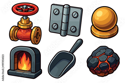 Various tools and components for construction and maintenance displayed on a flat surface