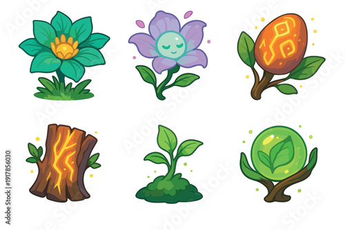 Green plants and flowers in different shapes and colors shown together in a simple layout for a decoration or design purpose