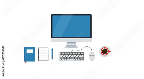 Modern office workspace with computer, keyboard, notebook, and coffee cup on a clean white desk viewed from directly above