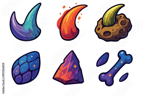 Colorful space themed elements depicting various cosmic shapes and textures on a plain background