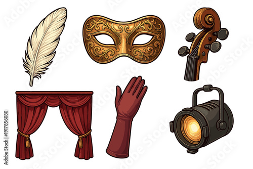 Various theater items including a mask, feather, glove, curtain, and spotlight found in a performing arts setting