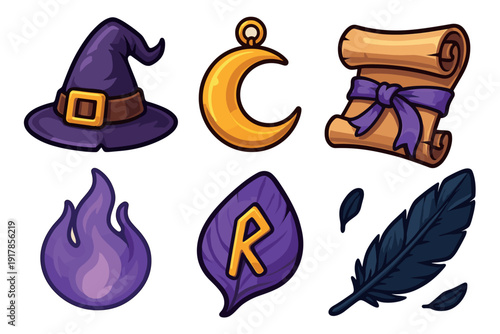Collection of magical items including a hat, moon pendant, scroll, flame, leaf, and feather displayed together
