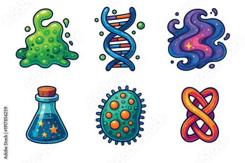 Colorful science themed icons arranged in two rows showing different elements like slime, DNA, and a flask