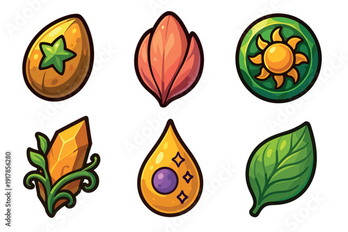Various colorful icons representing different natural elements and resources found in games or graphics
