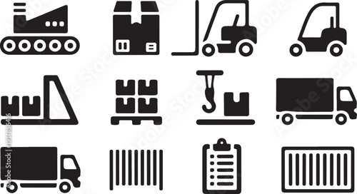 manufacturing shipping industrial logistics black icons set vector illustration design 