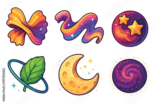 Colorful designs featuring shapes like pasta, ribbons, leaves, and celestial bodies on a white background