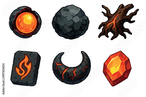 Different types of volcanic rocks and lava with various shapes and colors displayed on a white background