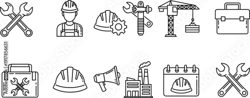 Black silhouette illustration of construction and engineering icons including tools, worker, hard hat, crane, factory, toolbox, and industrial symbols for design and industry