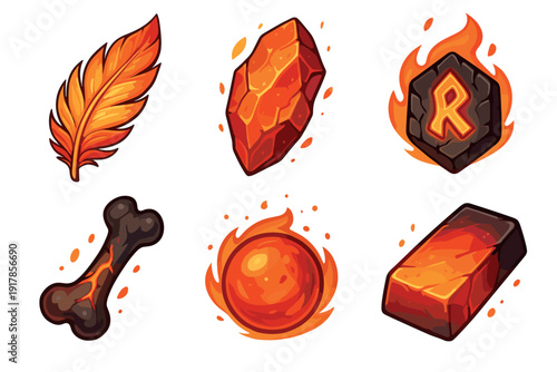 Different shapes and colors of fire related elements found in a fantasy game art style with various textures and forms