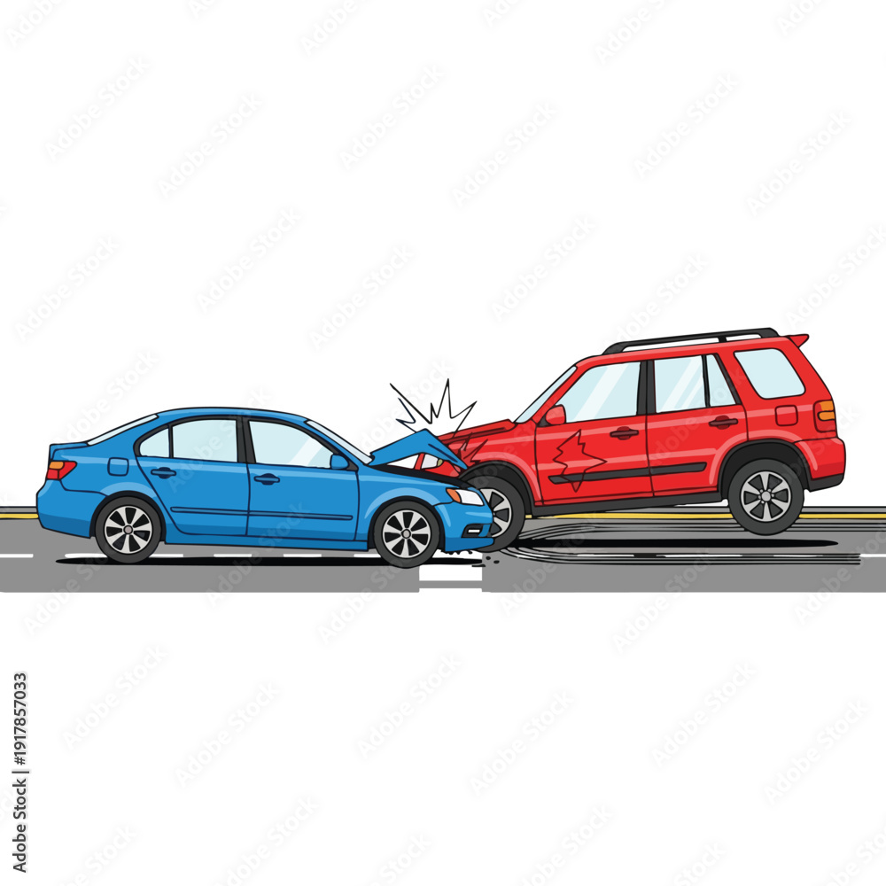 Obraz premium Car Collision Scene with Two Vehicles on Road Showing Front End Impact