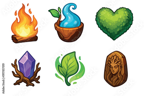 Colorful symbols of nature and elements in various shapes and forms displayed on a white background