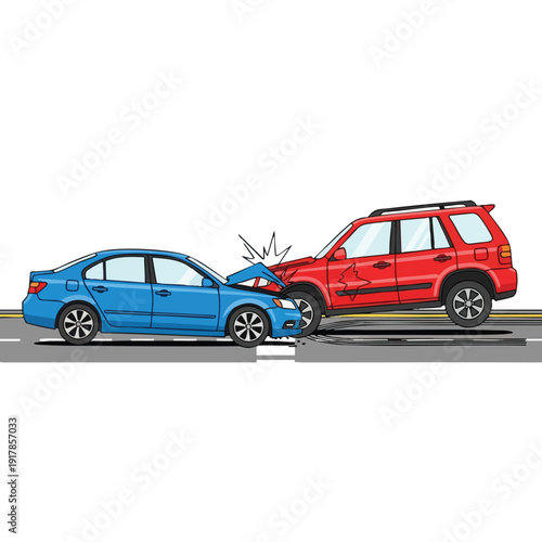 Car Collision Scene with Two Vehicles on Road Showing Front End Impact