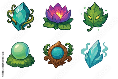 Colorful designs of crystals, plants, and nature symbols are shown in a digital display that highlights various shapes and colors