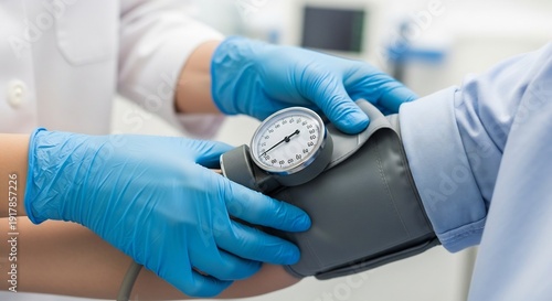 Closeup of a medical professional taking a patients blood pressure with a sphygmomanometer.