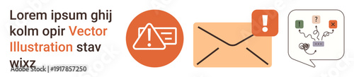 Digital communication, alert systems, email management, notifications, troubleshooting, decision-making. Warning icon, envelope chat bubble with symbols. Digital communication and alert systems