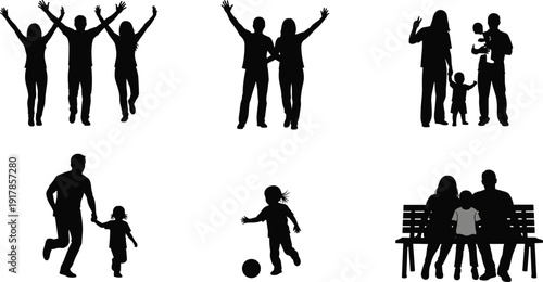 "Black silhouette illustration of family life scenes including joy, play, bonding, parenting, and togetherness, symbolizing love, unity, and relationships across generations