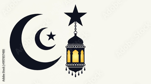 Islamic crescent moon star and lantern symbol