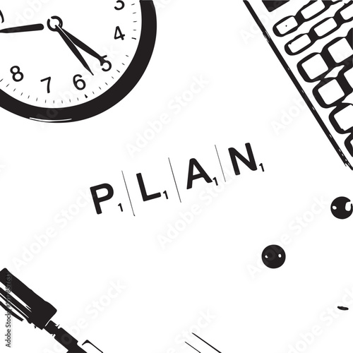 Creative planning illustration featuring a clock, calendar, and pen.